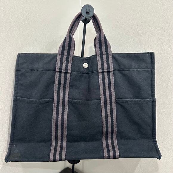 1066 HERMÈS Toile Fourre-Tout MM Tote Blue - Picture 1 of 8